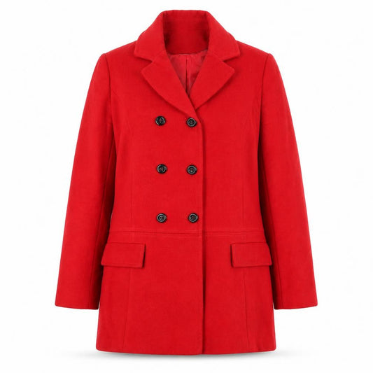 Front view of BHS women’s red pea coat coat, size UK 10, button