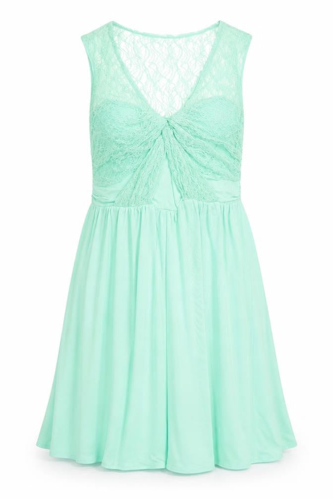 Front view of Coast women’s green polyester fit & flare, size UK 14, v-neck pullover - lace top