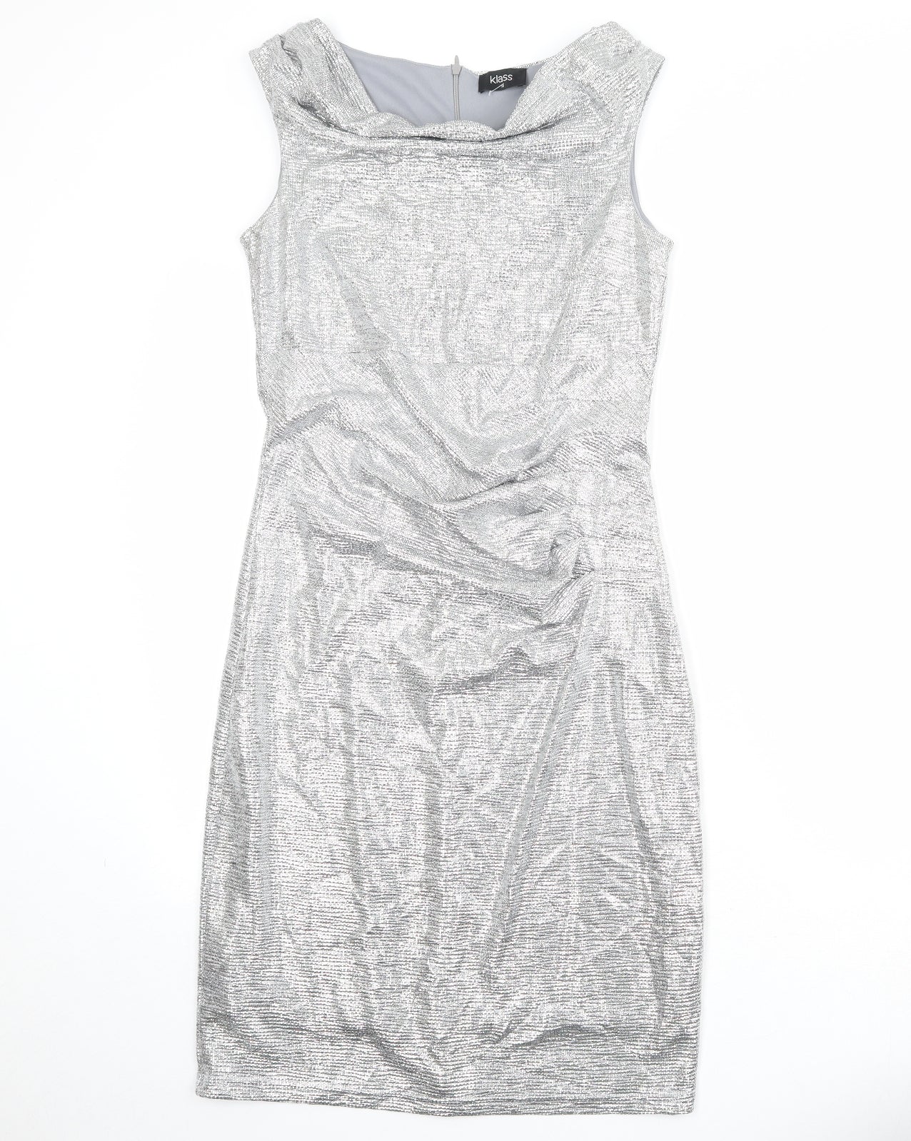 Klass Womens Silver Polyester Sheath Size 10 Cowl Neck Zip - Metallic