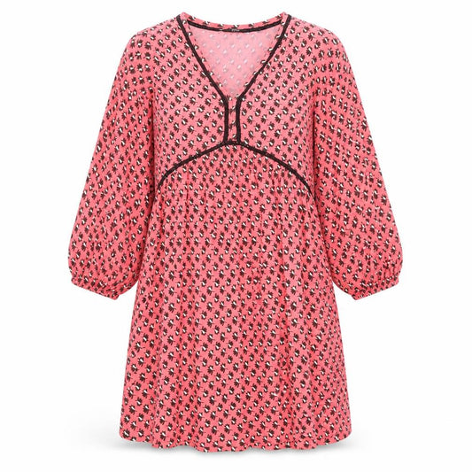 Front view of Next women’s pink geometric viscose a-line, size UK 8, v-neck pullover
