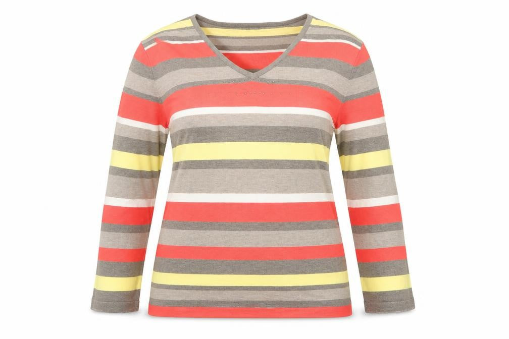 Front view of Gerry Weber women’s multicoloured v-neck striped polyester jumper, size UK 12