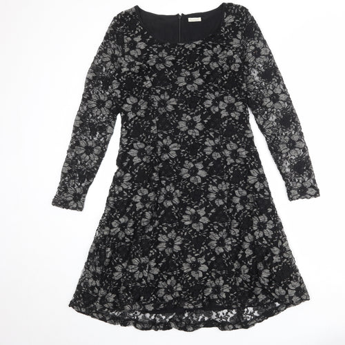 Kaliko Womens Black Floral Polyester A-Line Size 12 Boat Neck Zip