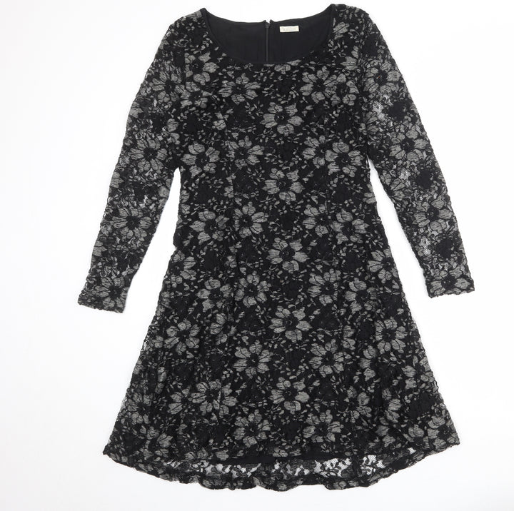 Kaliko Womens Black Floral Polyester A-Line Size 12 Boat Neck Zip