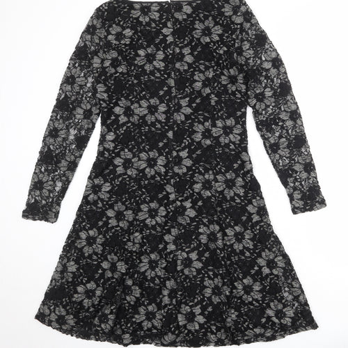 Kaliko Womens Black Floral Polyester A-Line Size 12 Boat Neck Zip