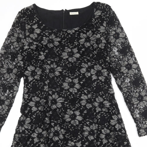 Kaliko Womens Black Floral Polyester A-Line Size 12 Boat Neck Zip