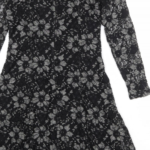 Kaliko Womens Black Floral Polyester A-Line Size 12 Boat Neck Zip