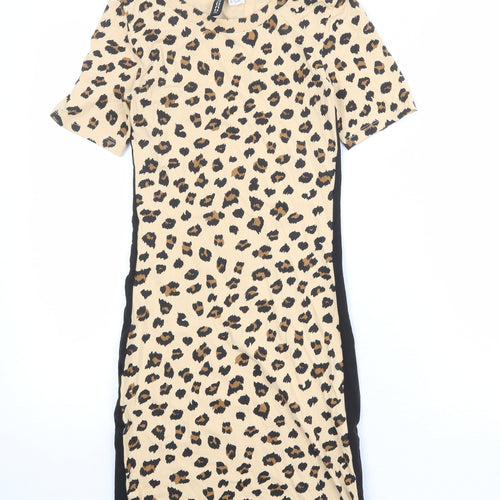 Divided by H&M Womens Beige Animal Print Cotton T-Shirt Dress Size 6 Boat Neck Pullover - Leopard Print