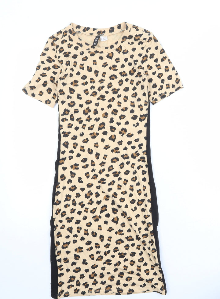 Divided by H&M Womens Beige Animal Print Cotton T-Shirt Dress Size 6 Boat Neck Pullover - Leopard Print
