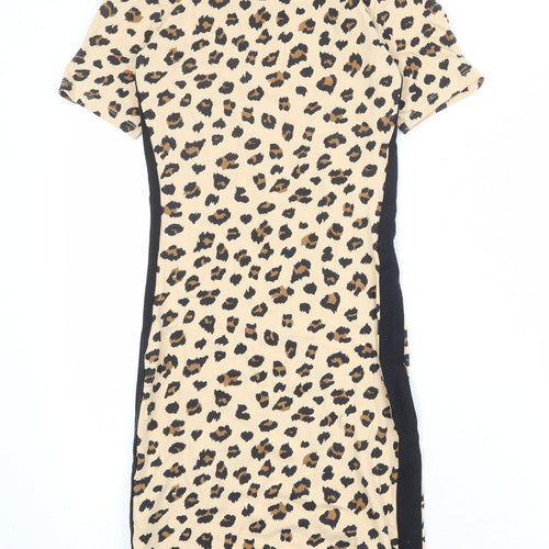 Divided by H&M Womens Beige Animal Print Cotton T-Shirt Dress Size 6 Boat Neck Pullover - Leopard Print