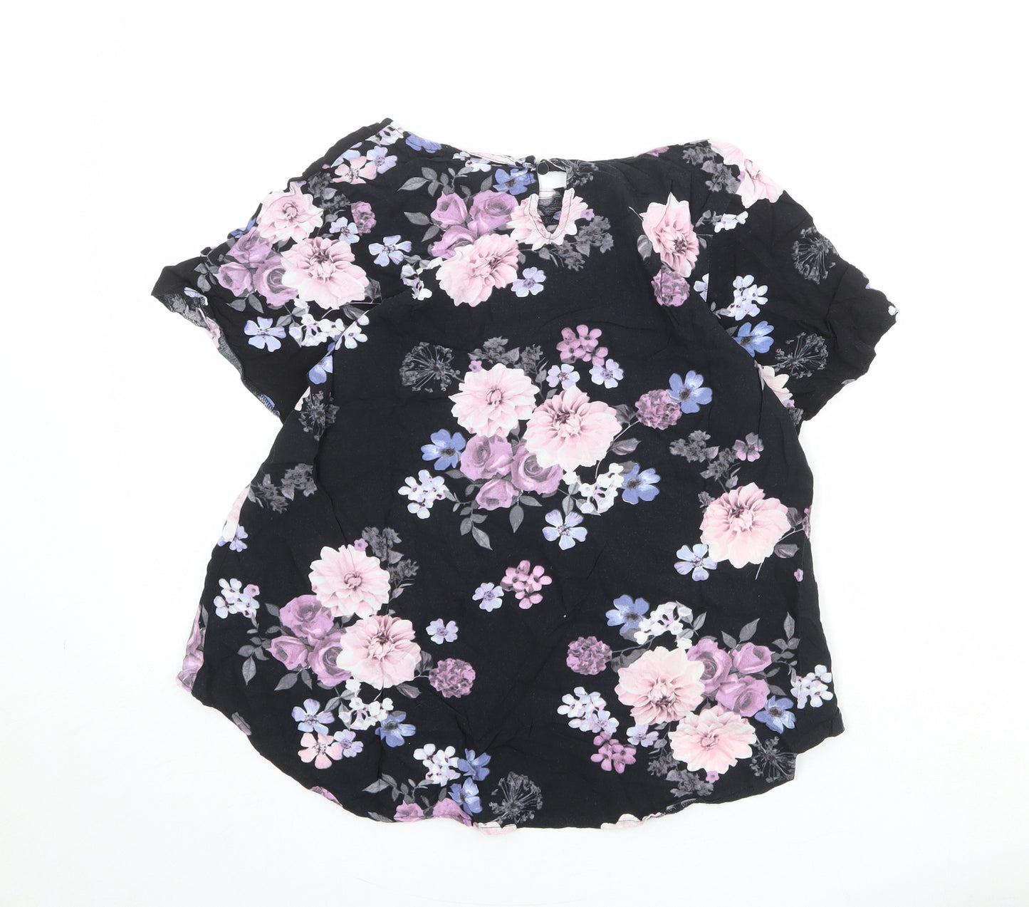 Dorothy Perkins Womens Black Floral Viscose Basic Blouse Size 10 Round Neck
