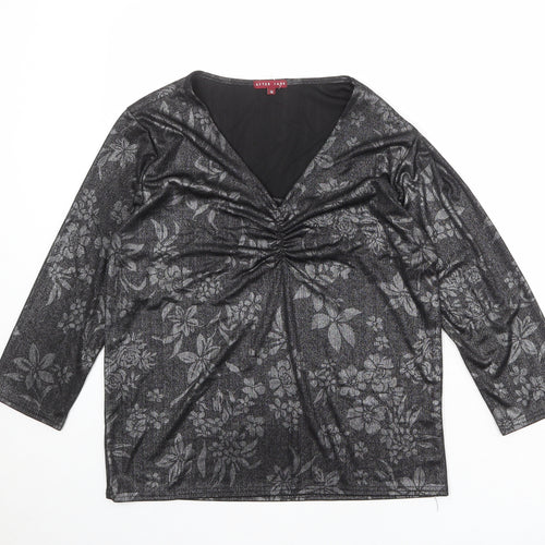 After Dark Womens Black Geometric Polyester Basic Blouse Size 14 V-Neck