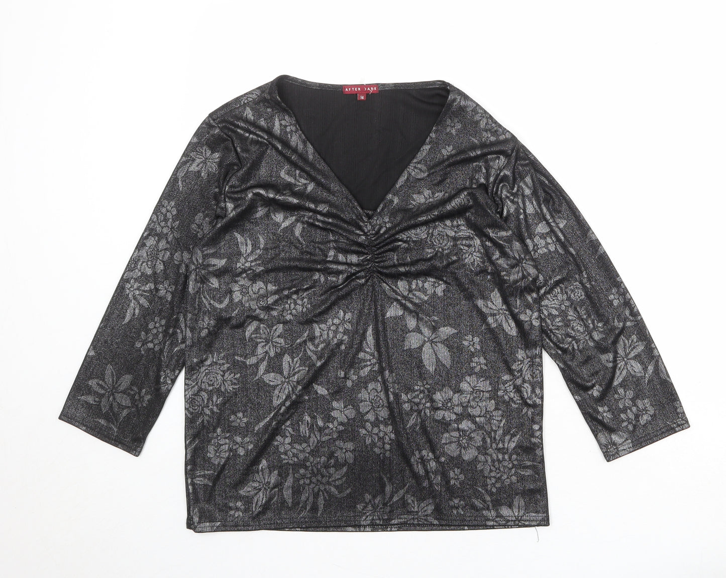 After Dark Womens Black Geometric Polyester Basic Blouse Size 14 V-Neck