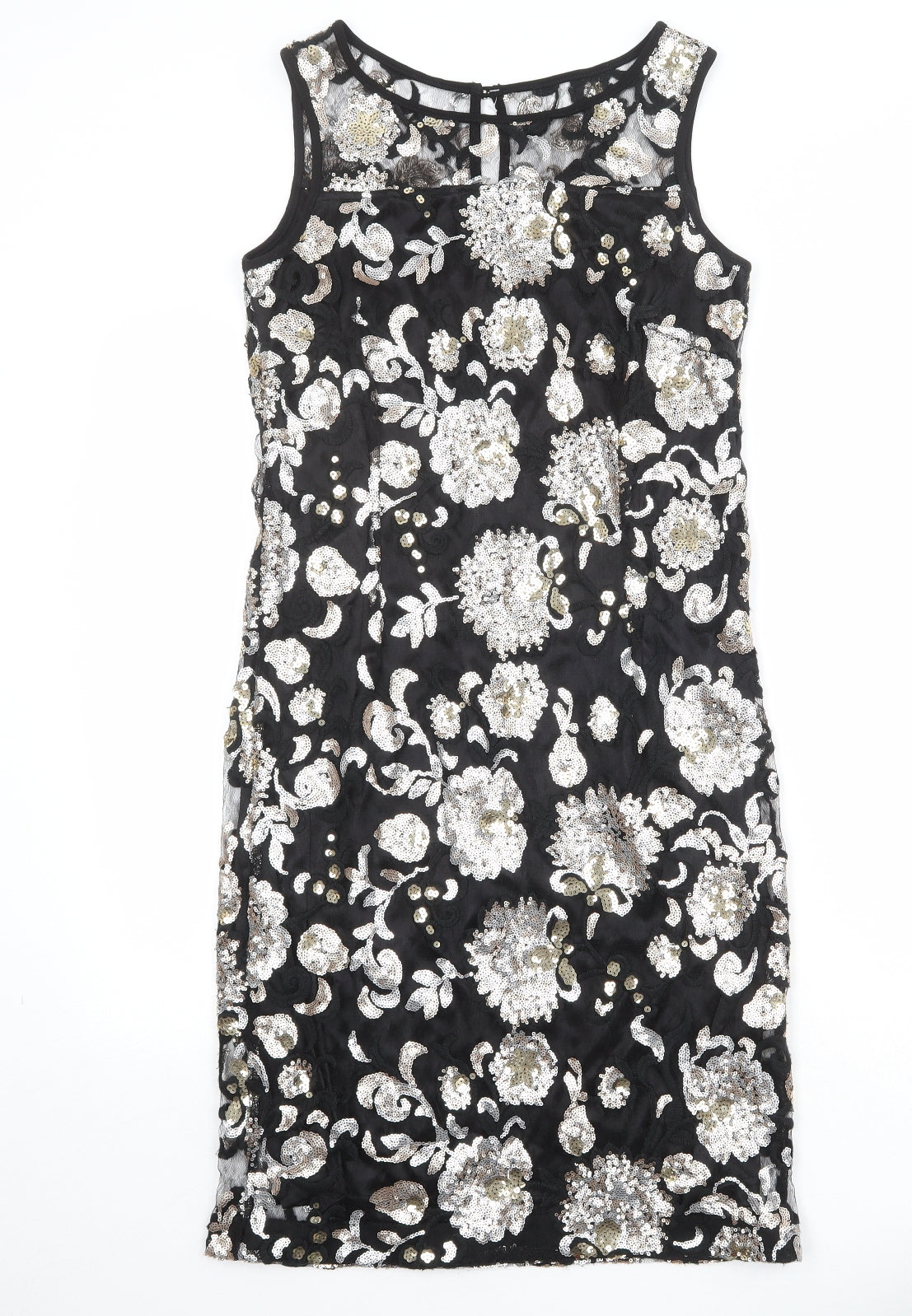 Klass Womens Black Floral Polyester Tank Dress Size 10 Boat Neck Zip
