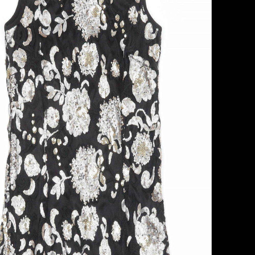 Klass Womens Black Floral Polyester Tank Dress Size 10 Boat Neck Zip