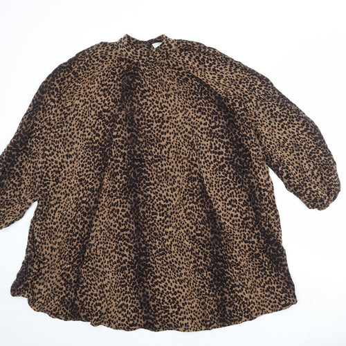 H&M Womens Brown Animal Print Viscose Trapeze & Swing Size 12 Mock Neck Button