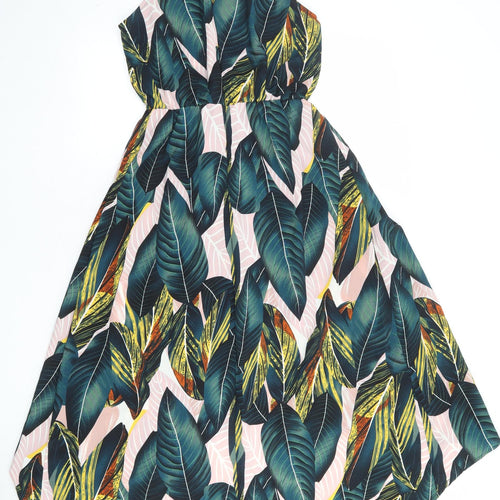 AX Paris Womens Multicoloured Geometric Polyester Fit & Flare Size 10 Halter Zip - Leaf Pattern