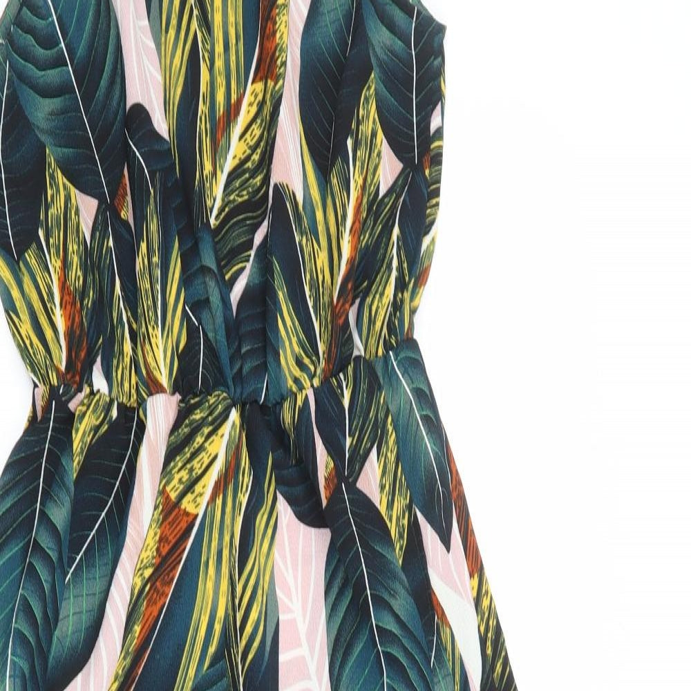 AX Paris Womens Multicoloured Geometric Polyester Fit & Flare Size 10 Halter Zip - Leaf Pattern