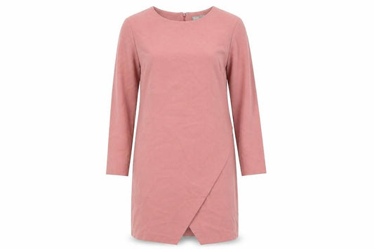 Front view of ASOS women’s pink polyester sheath, size UK 12, boat neck zip - wrap front detail