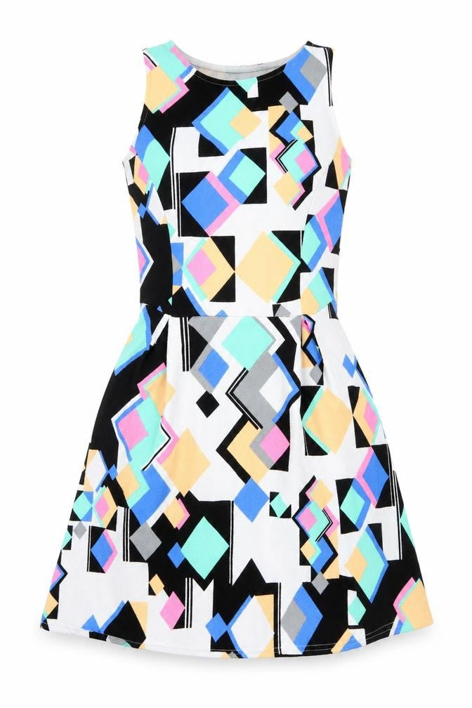 Front view of Select women’s multicoloured geometric polyester fit & flare, size UK 8, boat neck pullover