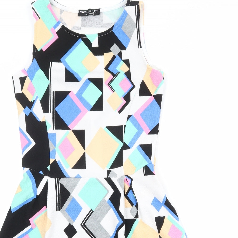 Select Womens Multicoloured Geometric Polyester Fit & Flare Size 8 Boat Neck Pullover