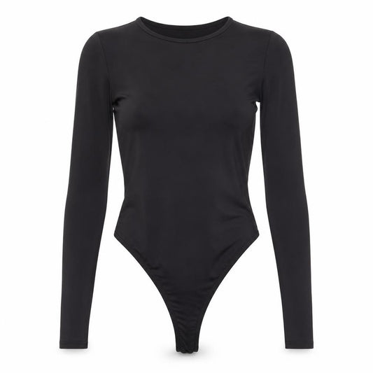 Front view of PRETTYLITTLETHING women’s black polyester bodysuit one-piece, size UK 6, snap