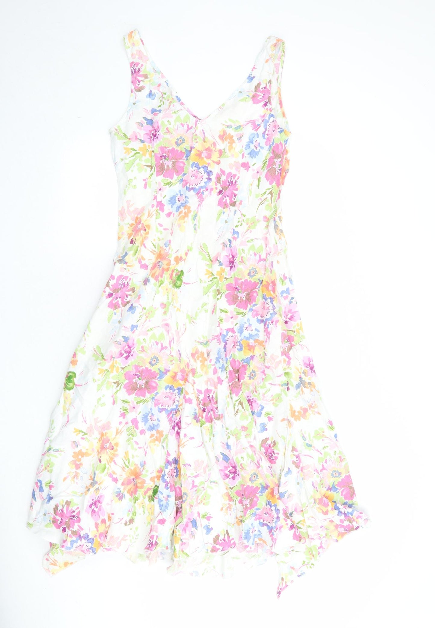 Per Una Womens Multicoloured Floral Linen Tank Dress Size 12 V-Neck Pullover
