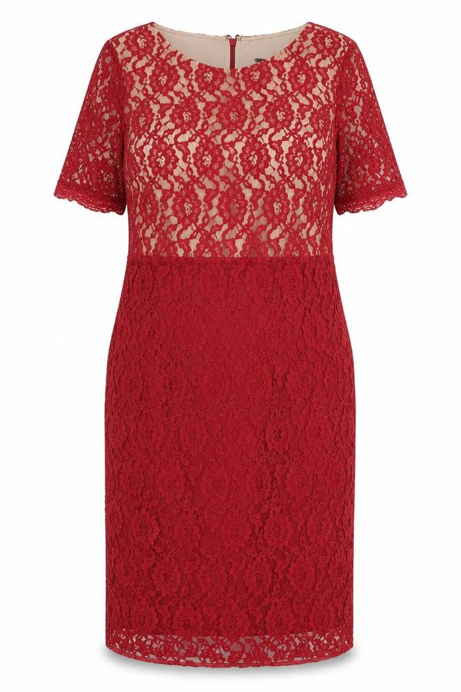 Front view of Savoir women’s red polyamide sheath, size UK 14, boat neck zip