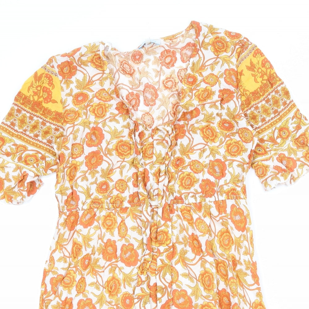Blue Vanilla Womens Orange Floral Viscose A-Line Size 12 V-Neck Pullover