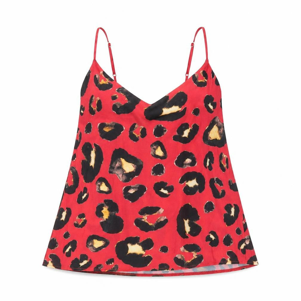 Front view of Boohoo women’s red animal print polyester basic tank, size UK 10, v-neck - leopard print