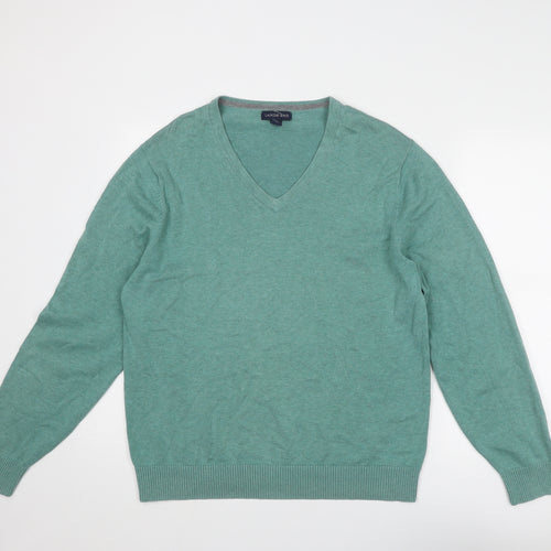 Lands' End Mens Green V-Neck Cotton Pullover Jumper Size M Long Sleeve