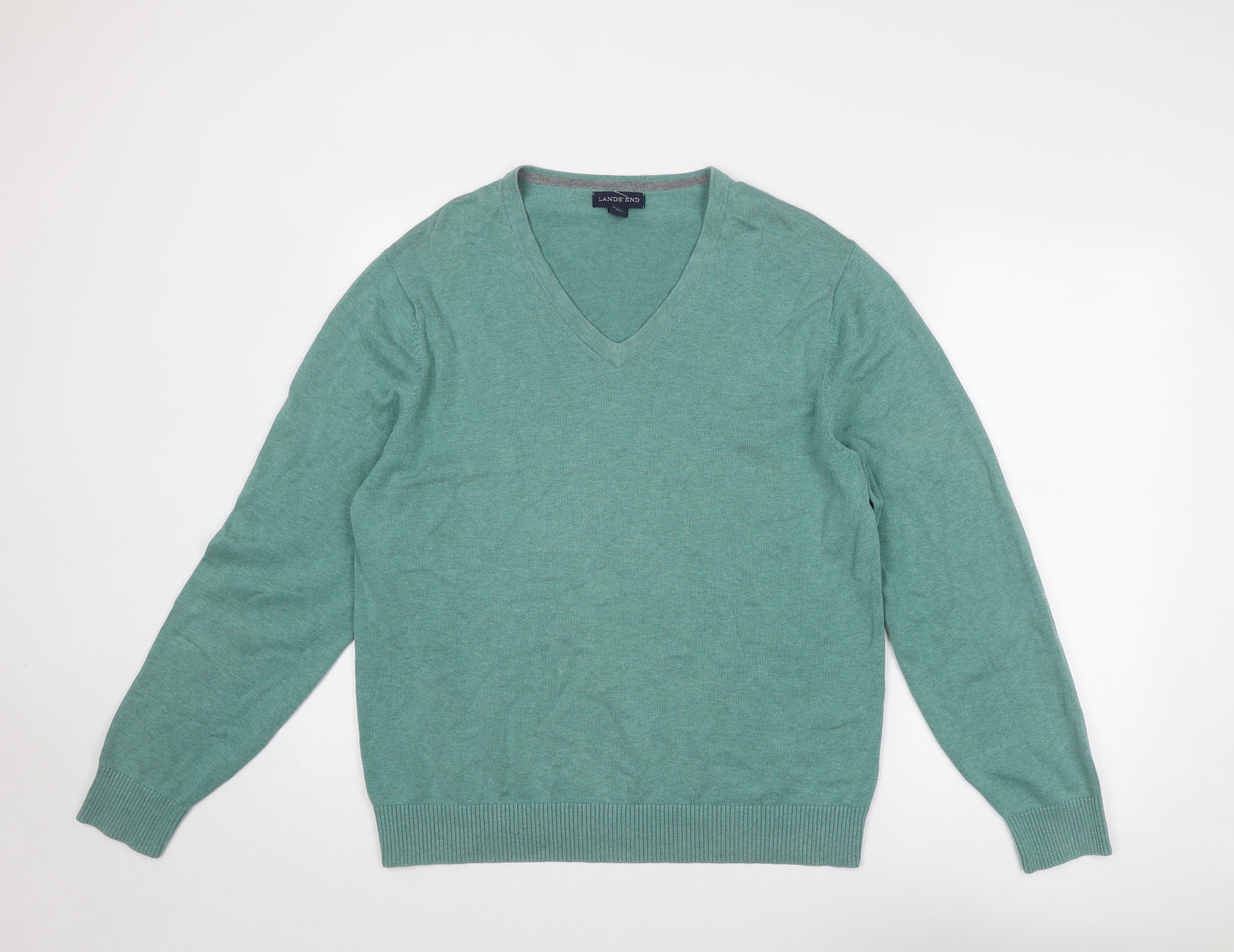 Lands' End Mens Green V-Neck Cotton Pullover Jumper Size M Long Sleeve