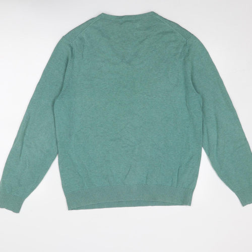 Lands' End Mens Green V-Neck Cotton Pullover Jumper Size M Long Sleeve