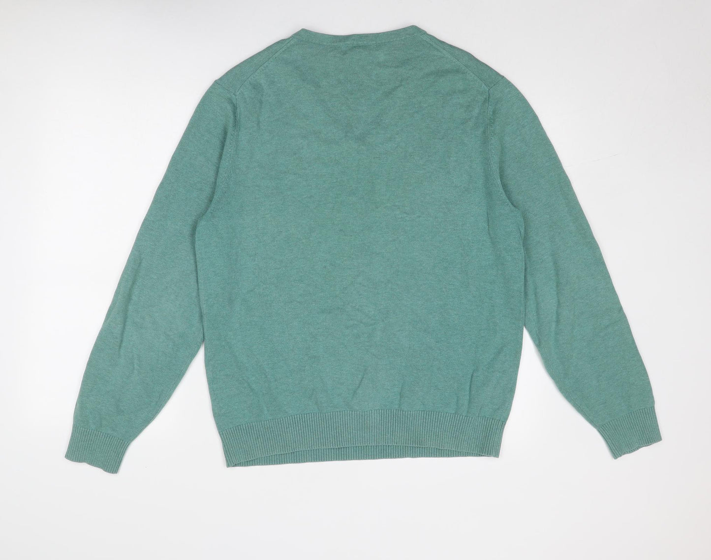 Lands' End Mens Green V-Neck Cotton Pullover Jumper Size M Long Sleeve