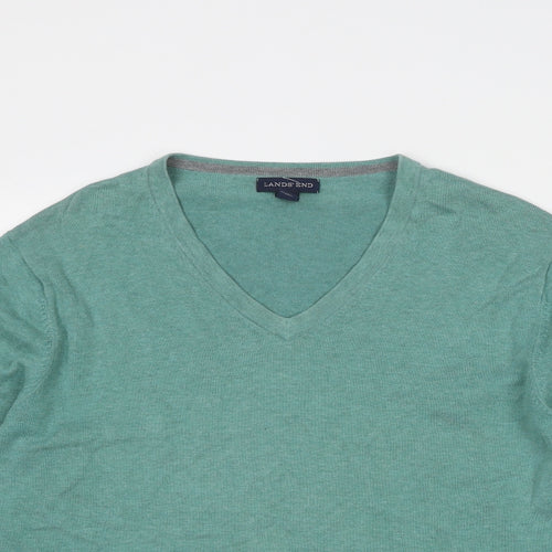 Lands' End Mens Green V-Neck Cotton Pullover Jumper Size M Long Sleeve