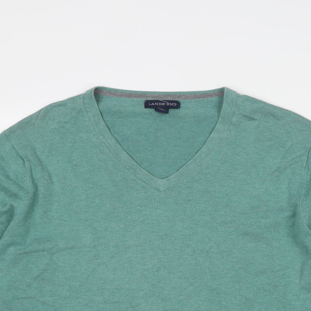 Lands' End Mens Green V-Neck Cotton Pullover Jumper Size M Long Sleeve