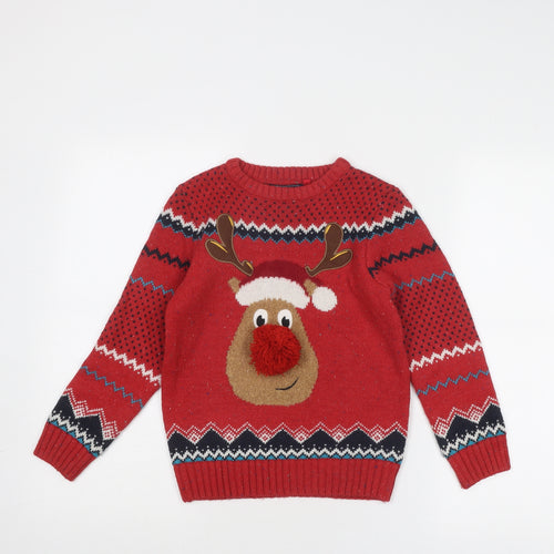 NEXT Boys Red Round Neck Acrylic Pullover Jumper Size 7 Years Pullover - Christmas Reindeer