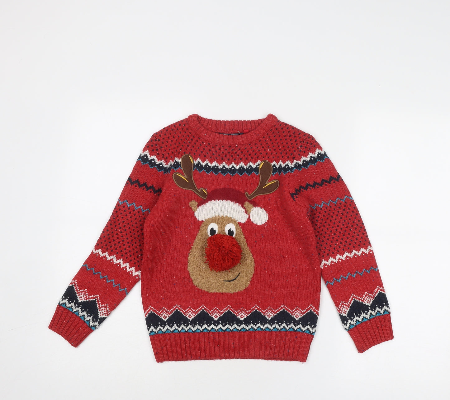NEXT Boys Red Round Neck Acrylic Pullover Jumper Size 7 Years Pullover - Christmas Reindeer