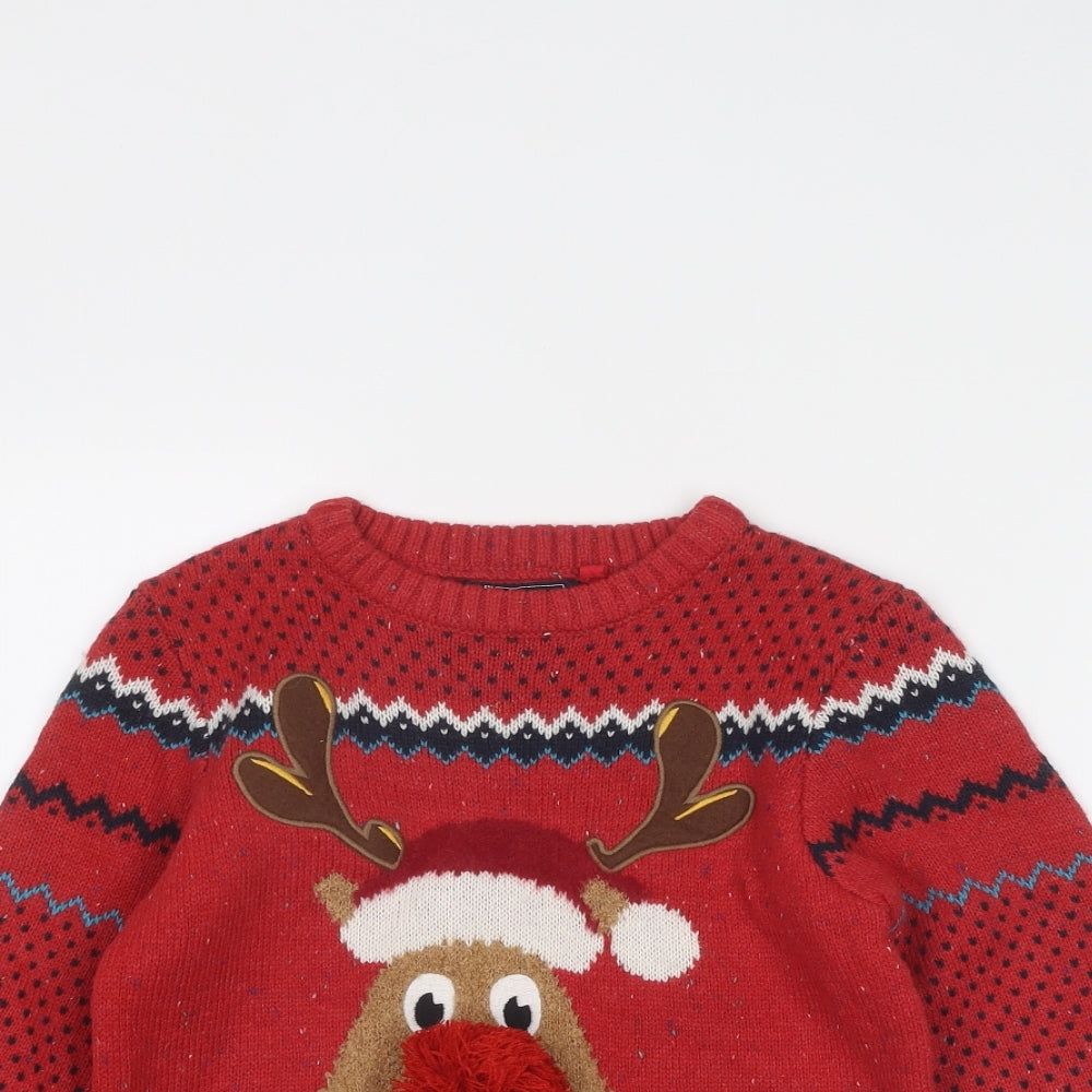 NEXT Boys Red Round Neck Acrylic Pullover Jumper Size 7 Years Pullover - Christmas Reindeer