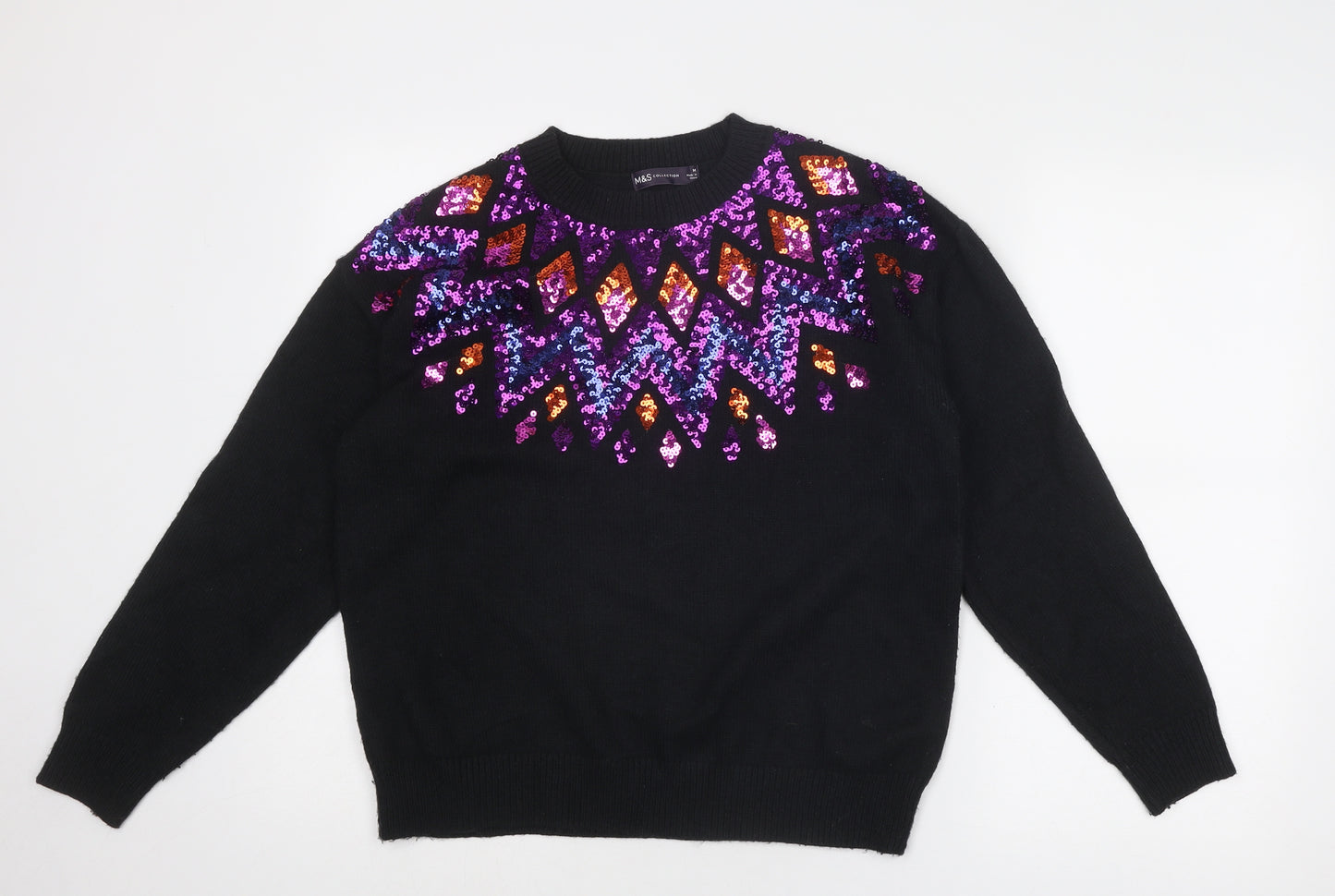 Marks and Spencer Womens Black Crew Neck Fair Isle Polyester Pullover Jumper Size M