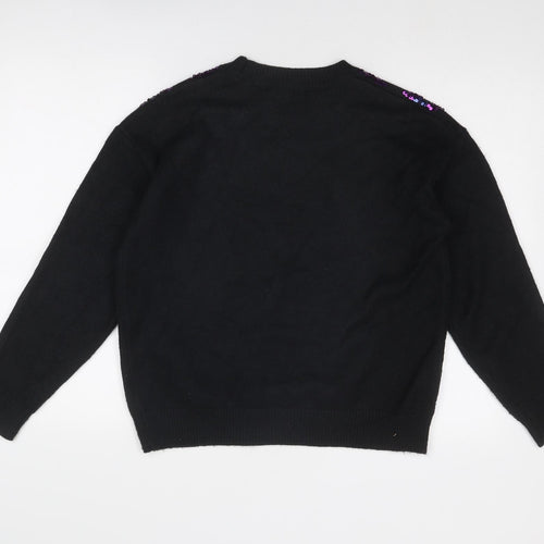 Marks and Spencer Womens Black Crew Neck Fair Isle Polyester Pullover Jumper Size M