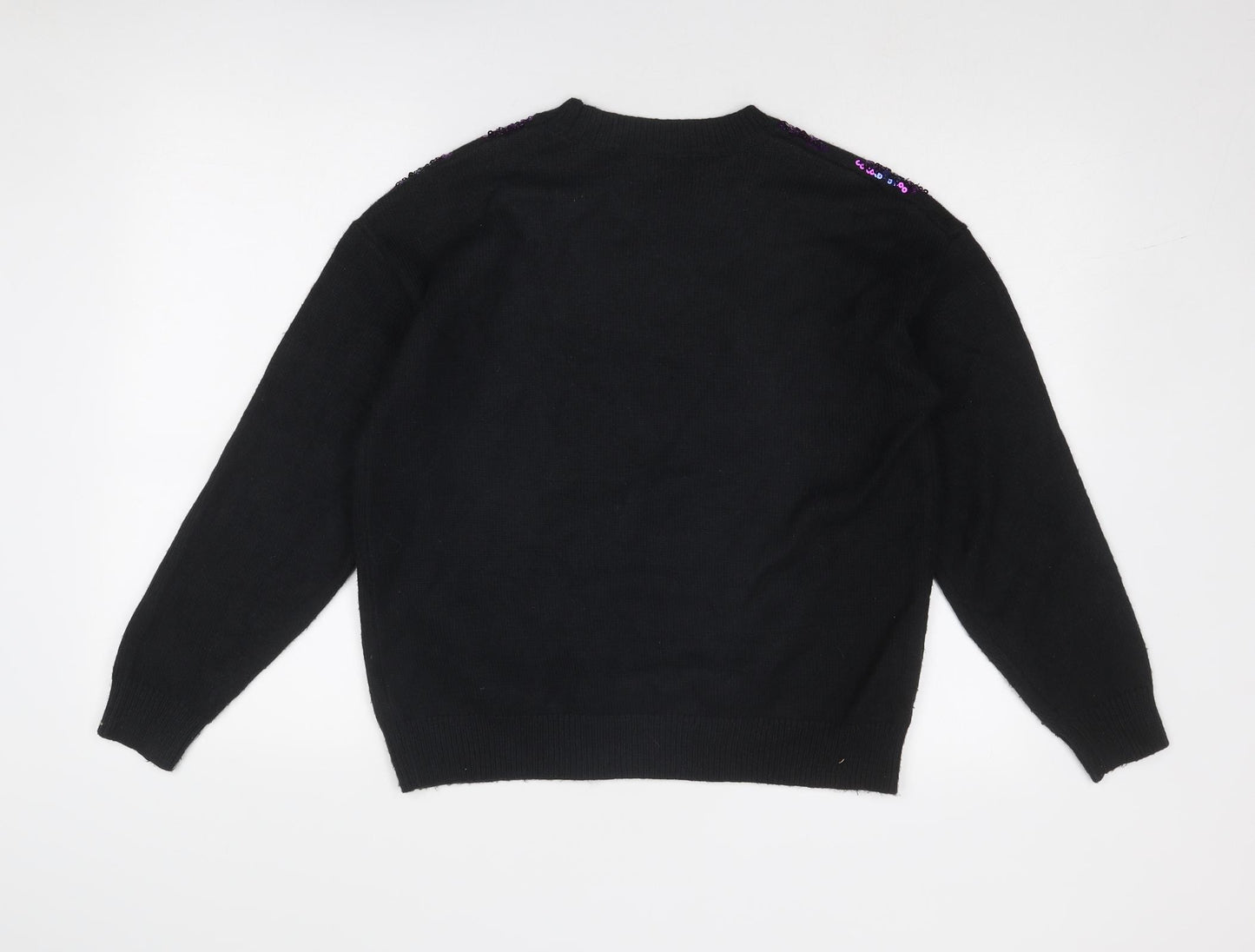 Marks and Spencer Womens Black Crew Neck Fair Isle Polyester Pullover Jumper Size M