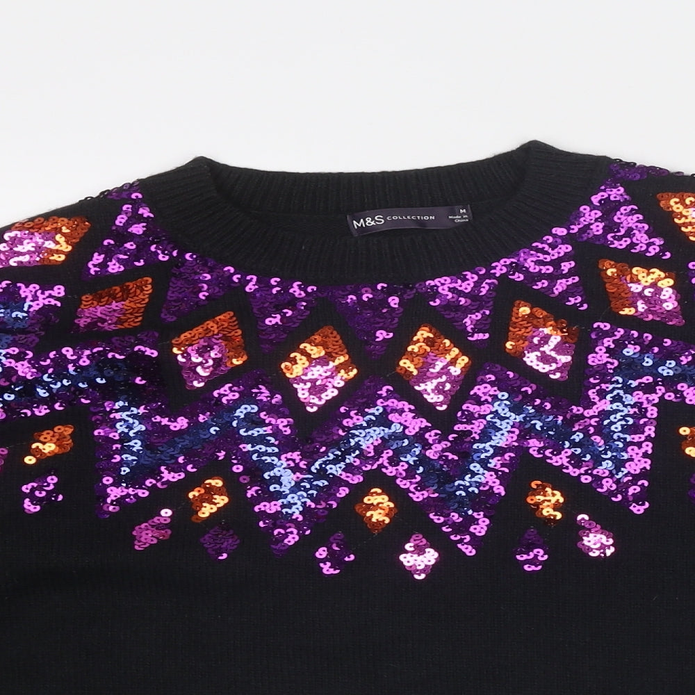 Marks and Spencer Womens Black Crew Neck Fair Isle Polyester Pullover Jumper Size M