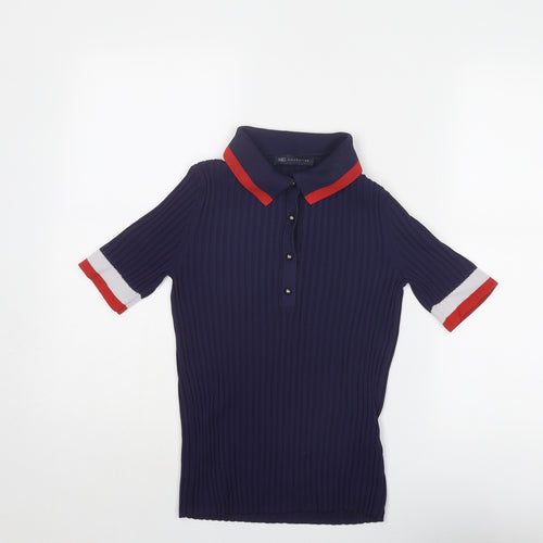 Marks and Spencer Womens Blue Collared Polyamide Pullover Jumper Size 6 - Contrasting Trim