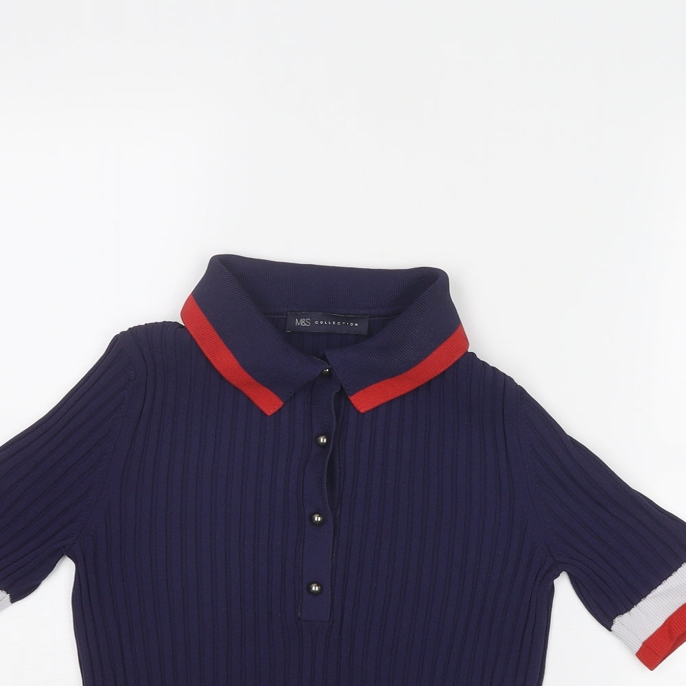 Marks and Spencer Womens Blue Collared Polyamide Pullover Jumper Size 6 - Contrasting Trim