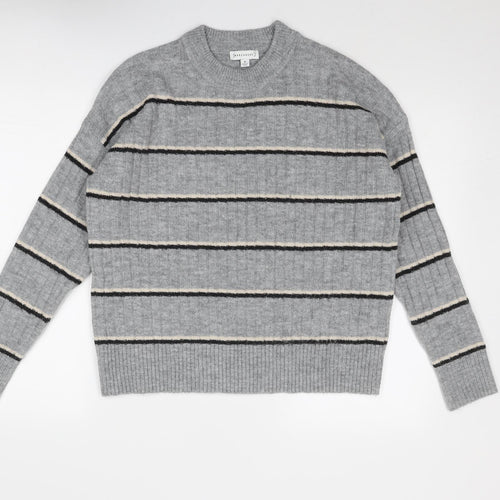 Warehouse Womens Grey Round Neck Striped Acrylic Pullover Jumper Size 6