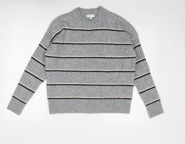 Warehouse Womens Grey Round Neck Striped Acrylic Pullover Jumper Size 6