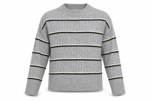Front view of Warehouse women’s grey round neck striped acrylic jumper, size UK 6