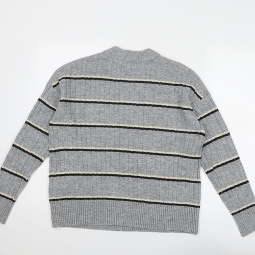 Warehouse Womens Grey Round Neck Striped Acrylic Pullover Jumper Size 6