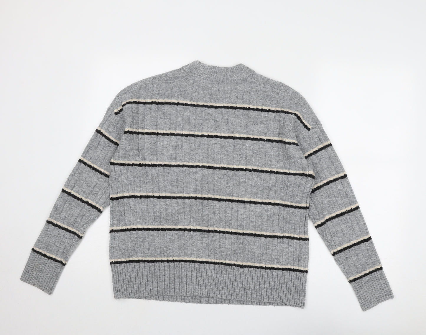Warehouse Womens Grey Round Neck Striped Acrylic Pullover Jumper Size 6
