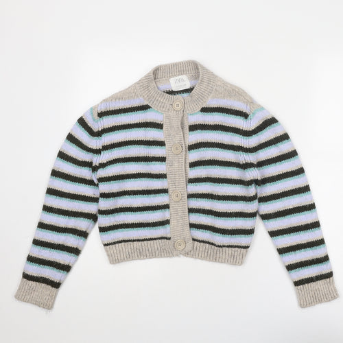 Zara Girls Multicoloured Round Neck Striped Acrylic Cardigan Jumper Size 11-12 Years Button